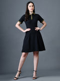 Myshka Women Black Polyester A-Line Shirt Collar Solid Above Knee Short Sleeves Dresses - Distacart