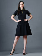 Myshka Women Black Polyester A-Line Shirt Collar Solid Above Knee Short Sleeves Dresses - Distacart