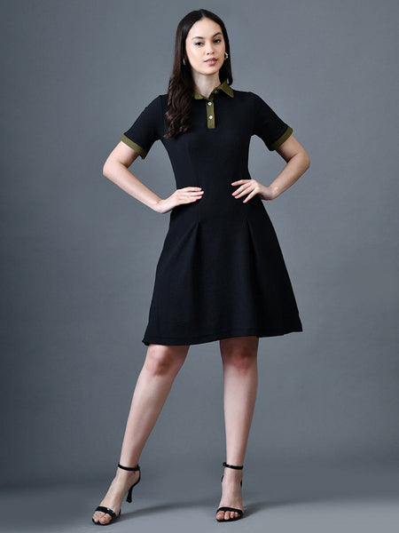 Myshka Women Black Polyester A-Line Shirt Collar Solid Above Knee Short Sleeves Dresses