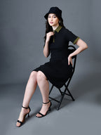 Myshka Women Black Polyester A-Line Shirt Collar Solid Above Knee Short Sleeves Dresses - Distacart