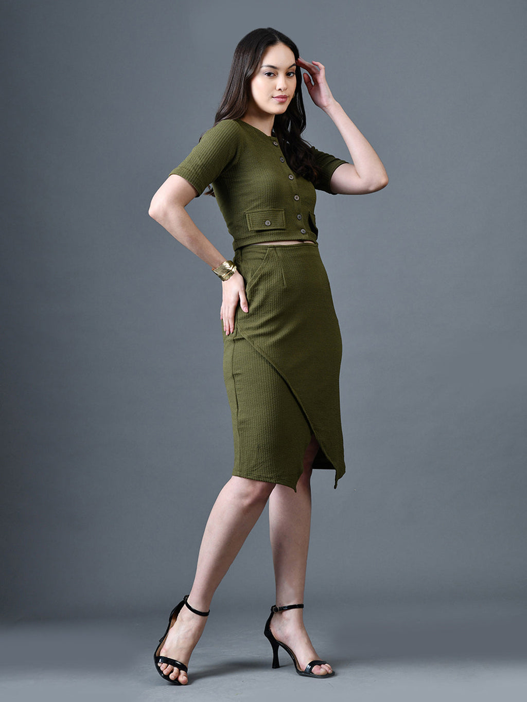 Myshka Women Olive Polyester A-Line Round Neck Solid Knee Length Short Sleeves Co-Ords