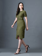 Myshka Women Olive Polyester A-Line Round Neck Solid Knee Length Short Sleeves Co-Ords