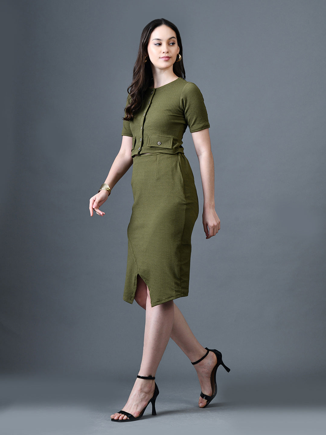 Myshka Women Olive Polyester A-Line Round Neck Solid Knee Length Short Sleeves Co-Ords