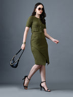 Myshka Women Olive Polyester A-Line Round Neck Solid Knee Length Short Sleeves Co-Ords