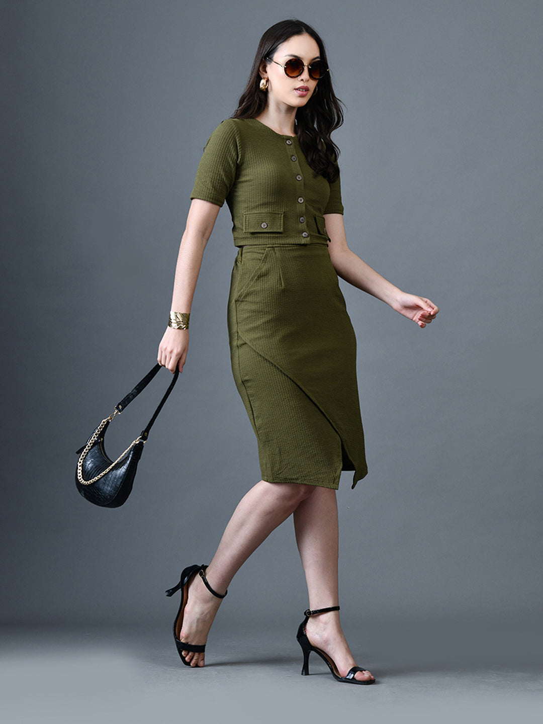 Myshka Women Olive Polyester A-Line Round Neck Solid Knee Length Short Sleeves Co-Ords