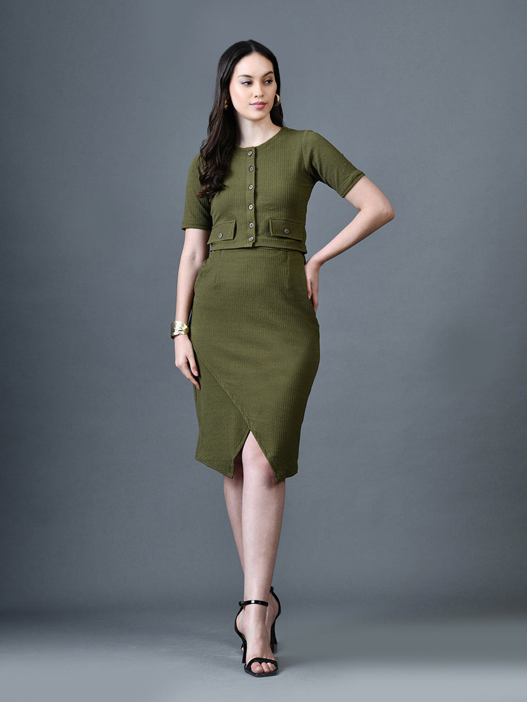 Myshka Women Olive Polyester A-Line Round Neck Solid Knee Length Short Sleeves Co-Ords