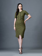 Myshka Women Olive Polyester A-Line Round Neck Solid Knee Length Short Sleeves Co-Ords