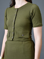 Myshka Women Olive Polyester A-Line Round Neck Solid Knee Length Short Sleeves Co-Ords