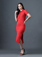 Myshka Women Red Polyester A-Line Shirt Collar Solid Knee Length Short Sleeves Dresses - Distacart