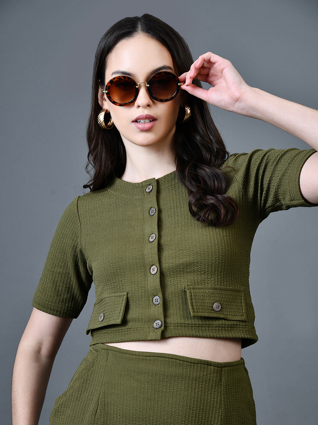Myshka Women Olive Polyester A-Line Round Neck Solid Knee Length Short Sleeves Co-Ords