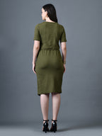 Myshka Women Olive Polyester A-Line Round Neck Solid Knee Length Short Sleeves Co-Ords