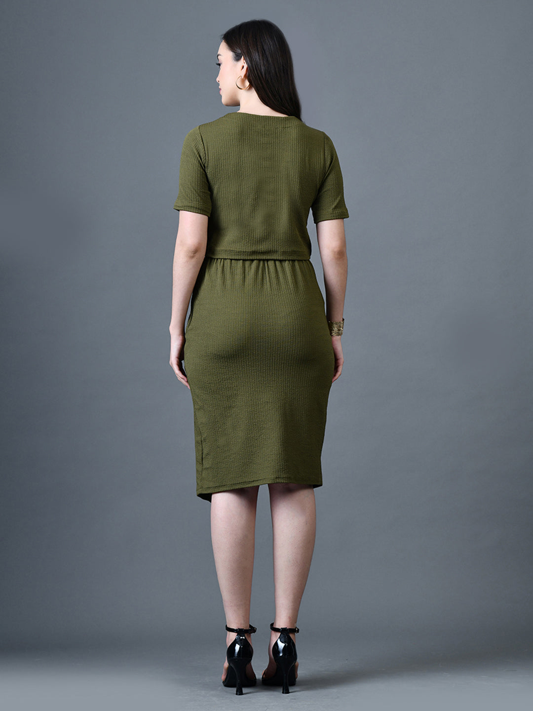 Myshka Women Olive Polyester A-Line Round Neck Solid Knee Length Short Sleeves Co-Ords