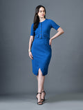 Myshka Women Blue Polyester A-Line Round Neck Solid Knee Length Short Sleeves Co-Ords