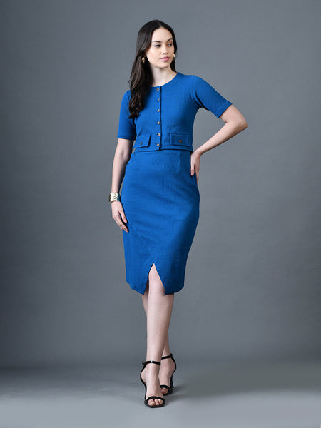 Myshka Women Blue Polyester A-Line Round Neck Solid Knee Length Short Sleeves Co-Ords