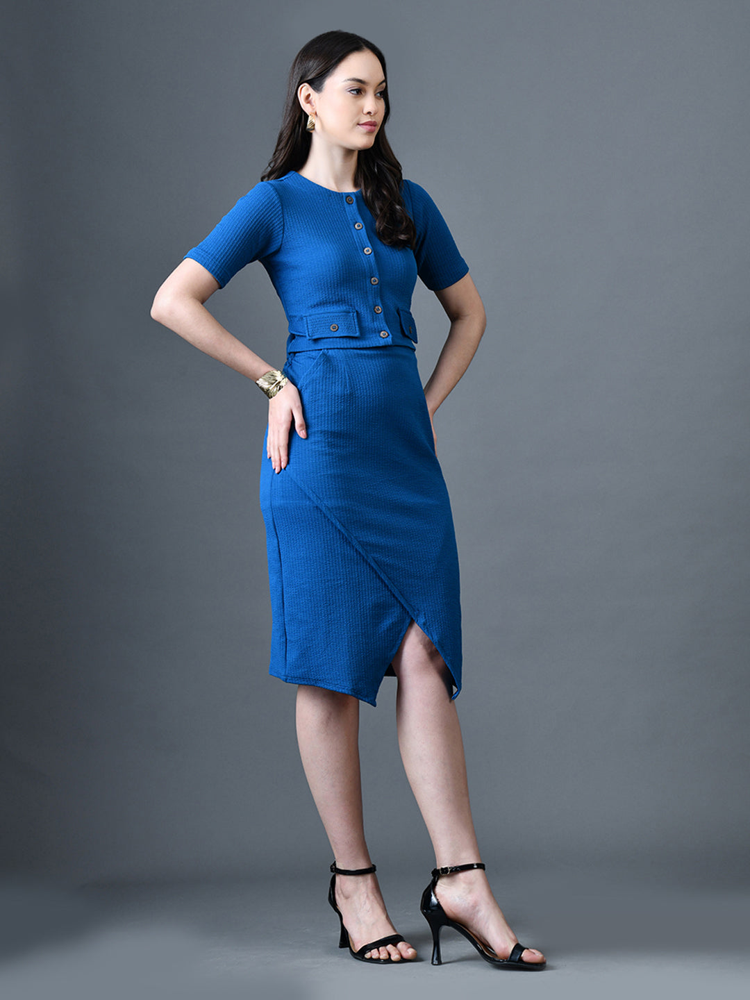 Myshka Women Blue Polyester A-Line Round Neck Solid Knee Length Short Sleeves Co-Ords