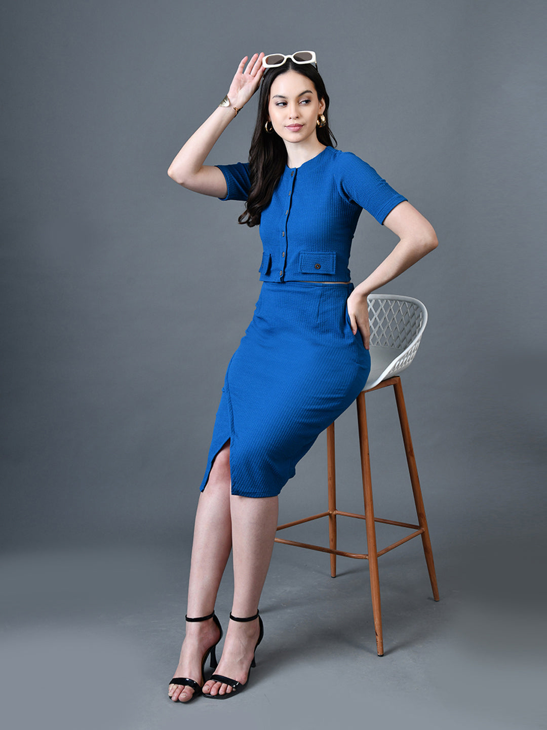 Myshka Women Blue Polyester A-Line Round Neck Solid Knee Length Short Sleeves Co-Ords