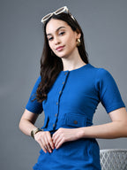 Myshka Women Blue Polyester A-Line Round Neck Solid Knee Length Short Sleeves Co-Ords