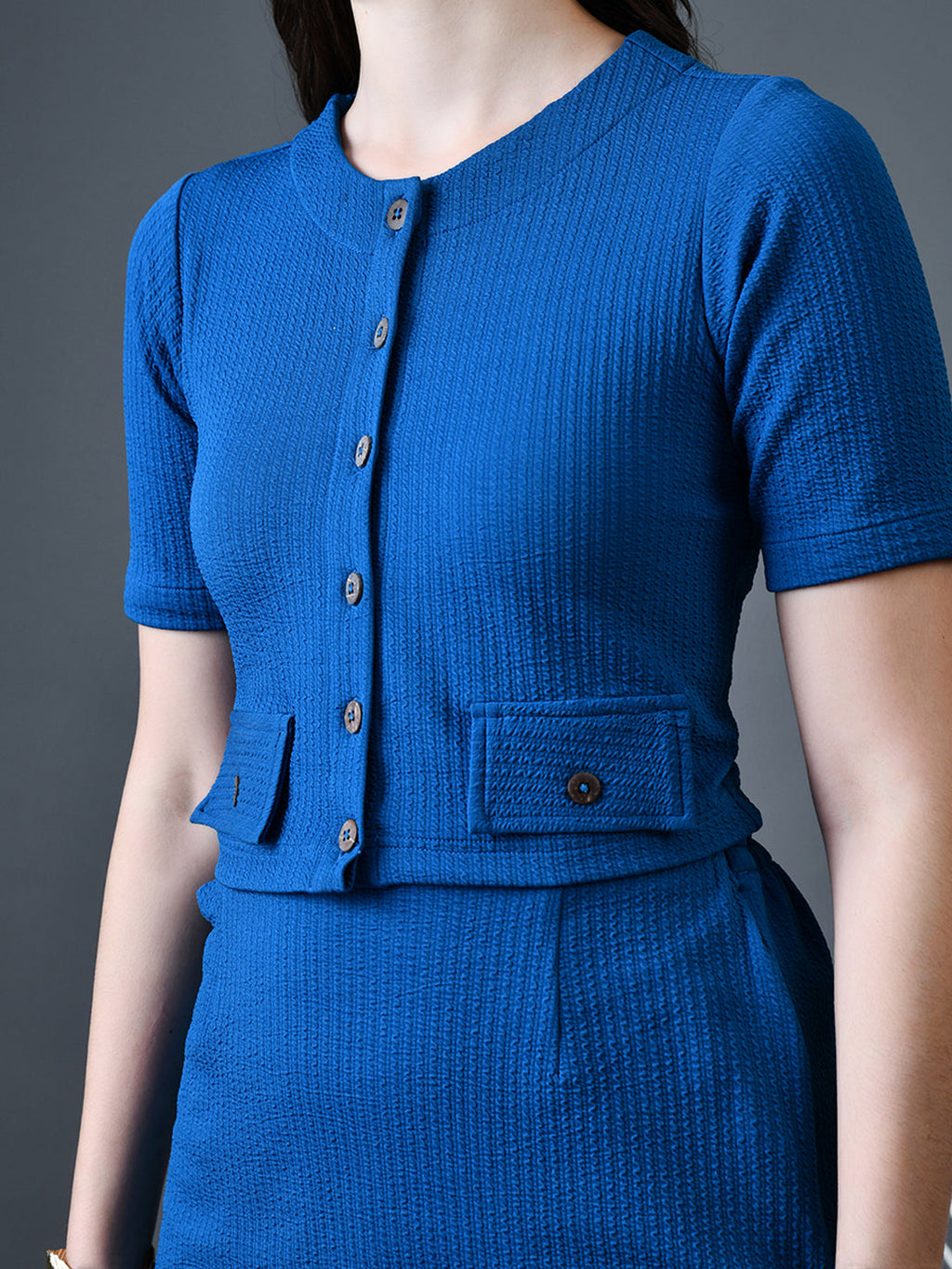 Myshka Women Blue Polyester A-Line Round Neck Solid Knee Length Short Sleeves Co-Ords