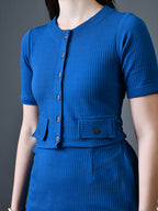 Myshka Women Blue Polyester A-Line Round Neck Solid Knee Length Short Sleeves Co-Ords