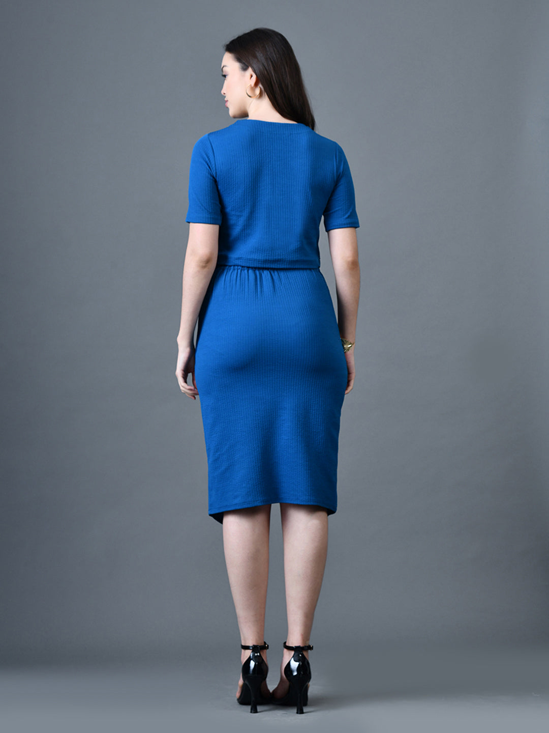 Myshka Women Blue Polyester A-Line Round Neck Solid Knee Length Short Sleeves Co-Ords