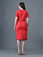 Myshka Women Red Polyester A-Line Round Neck Solid Knee Length Short Sleeves Co-Ords