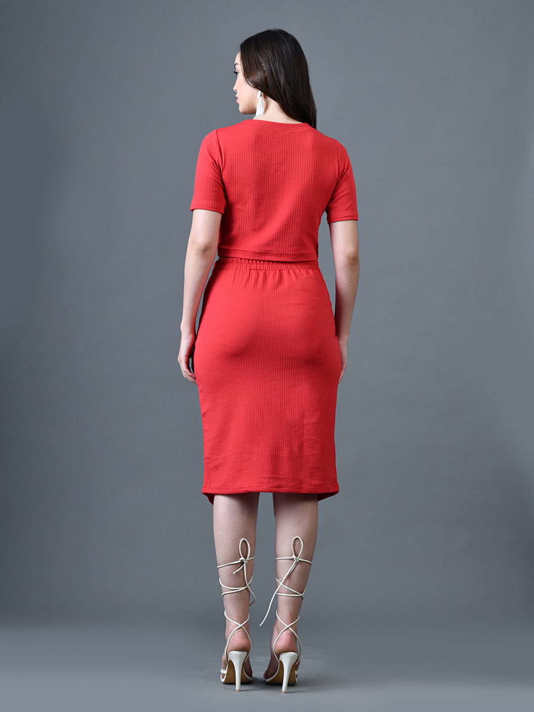 Myshka Women Red Polyester A-Line Round Neck Solid Knee Length Short Sleeves Co-Ords