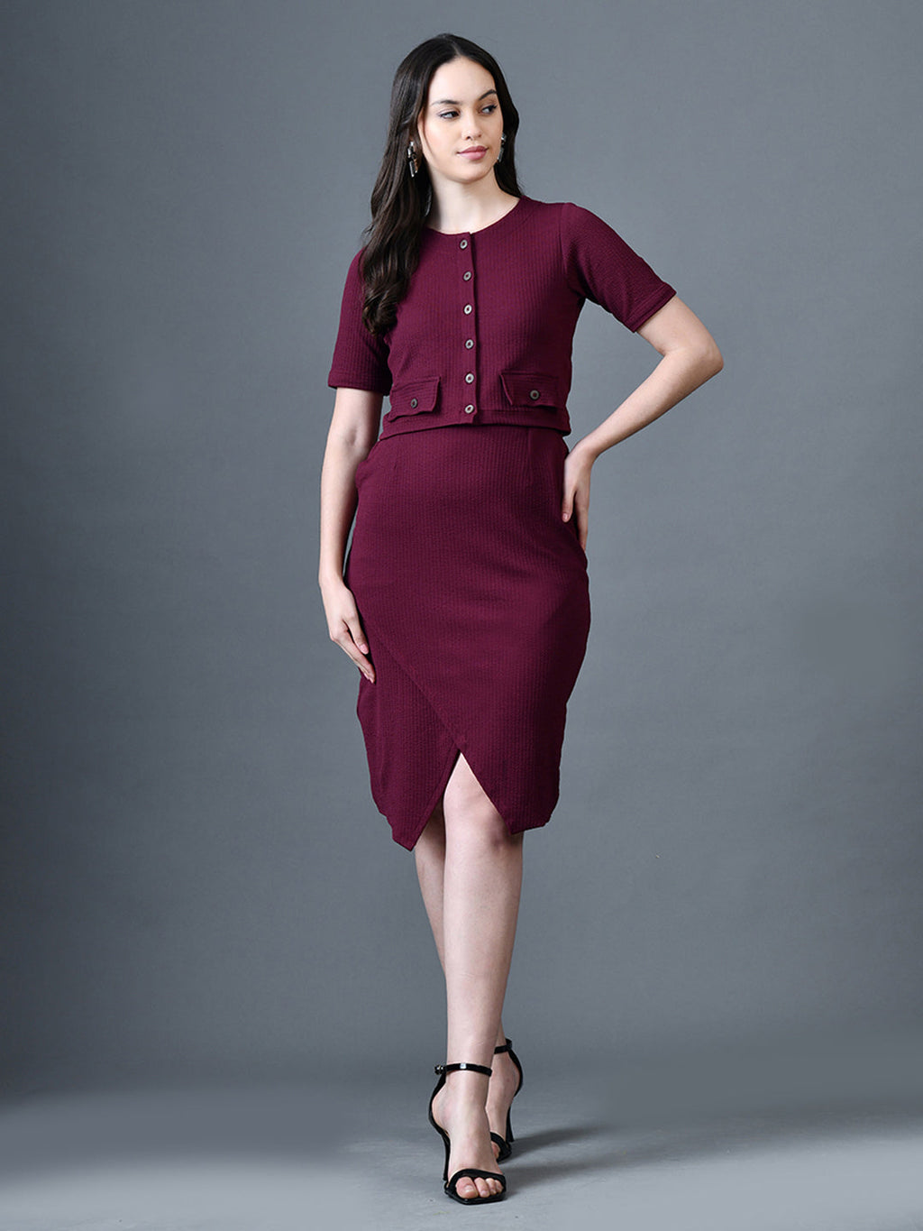 Myshka Women Magenta Polyester A-Line Round Neck Solid Knee Length Short Sleeves Co-Ords