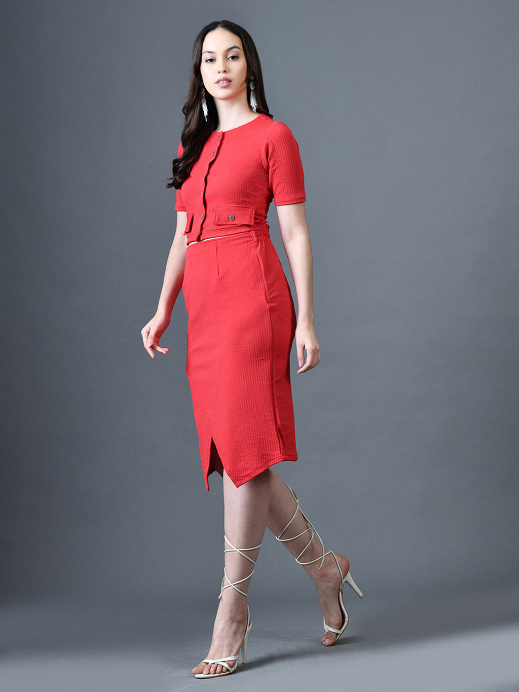 Myshka Women Red Polyester A-Line Round Neck Solid Knee Length Short Sleeves Co-Ords