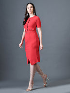 Myshka Women Red Polyester A-Line Round Neck Solid Knee Length Short Sleeves Co-Ords