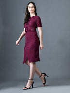 Myshka Women Magenta Polyester A-Line Round Neck Solid Knee Length Short Sleeves Co-Ords