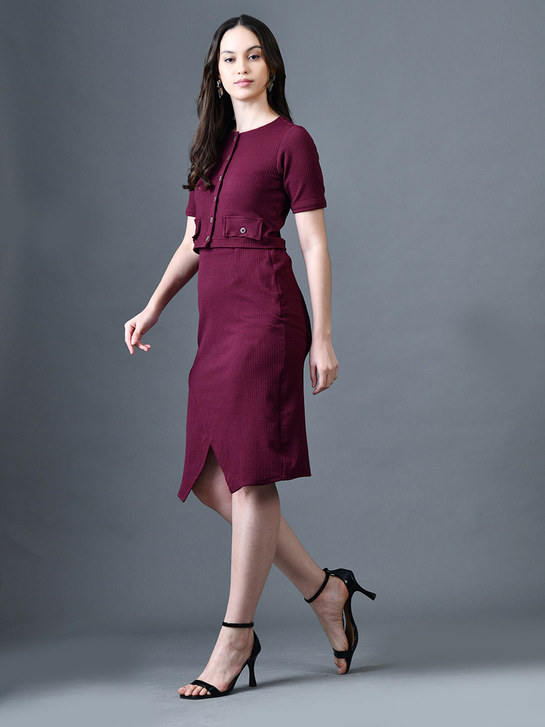 Myshka Women Magenta Polyester A-Line Round Neck Solid Knee Length Short Sleeves Co-Ords