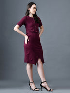 Myshka Women Magenta Polyester A-Line Round Neck Solid Knee Length Short Sleeves Co-Ords