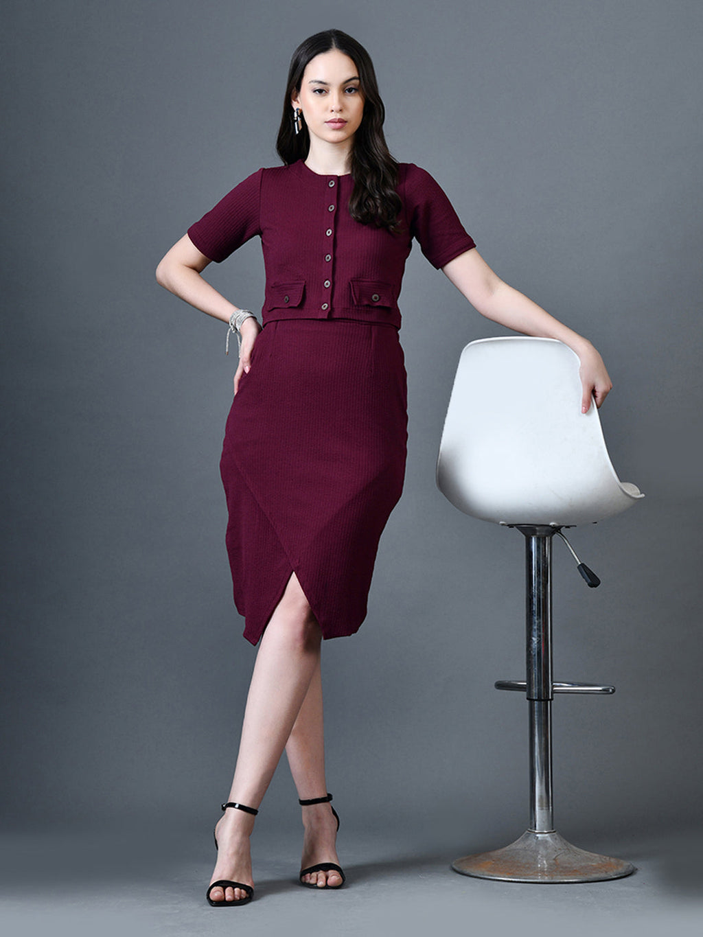 Myshka Women Magenta Polyester A-Line Round Neck Solid Knee Length Short Sleeves Co-Ords