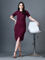 Myshka Women Magenta Polyester A-Line Round Neck Solid Knee Length Short Sleeves Co-Ords