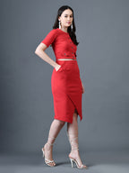 Myshka Women Red Polyester A-Line Round Neck Solid Knee Length Short Sleeves Co-Ords
