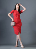 Myshka Women Red Polyester A-Line Round Neck Solid Knee Length Short Sleeves Co-Ords