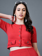 Myshka Women Red Polyester A-Line Round Neck Solid Knee Length Short Sleeves Co-Ords