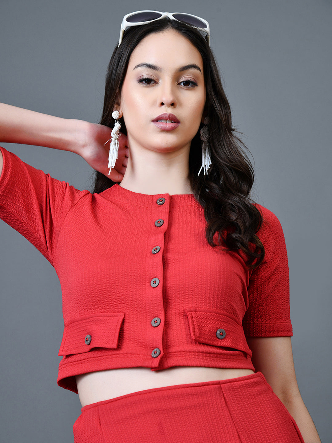 Myshka Women Red Polyester A-Line Round Neck Solid Knee Length Short Sleeves Co-Ords