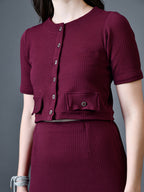 Myshka Women Magenta Polyester A-Line Round Neck Solid Knee Length Short Sleeves Co-Ords