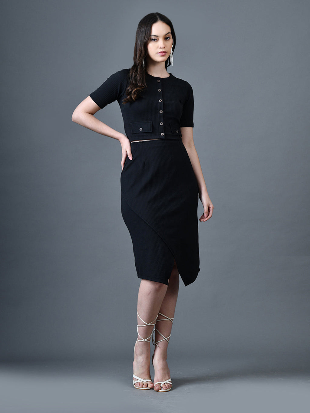 Myshka Women Black Polyester A-Line Round Neck Solid Knee Length Short Sleeves Co-Ords
