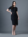 Myshka Women Black Polyester A-Line Round Neck Solid Knee Length Short Sleeves Co-Ords