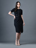 Myshka Women Black Polyester A-Line Round Neck Solid Knee Length Short Sleeves Co-Ords