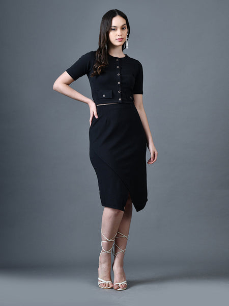 Myshka Women Black Polyester A-Line Round Neck Solid Knee Length Short Sleeves Co-Ords