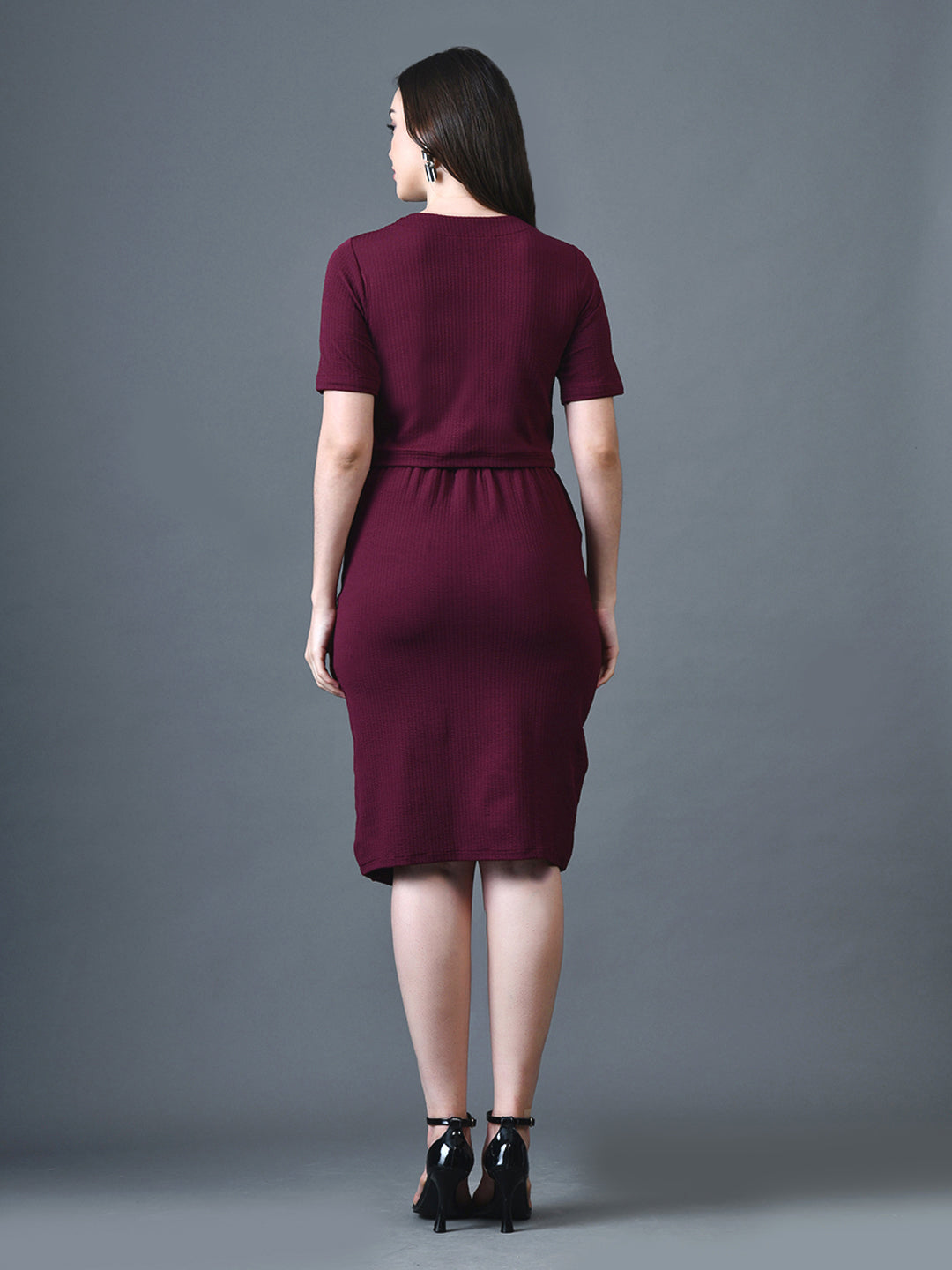 Myshka Women Magenta Polyester A-Line Round Neck Solid Knee Length Short Sleeves Co-Ords