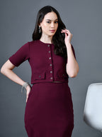 Myshka Women Magenta Polyester A-Line Round Neck Solid Knee Length Short Sleeves Co-Ords