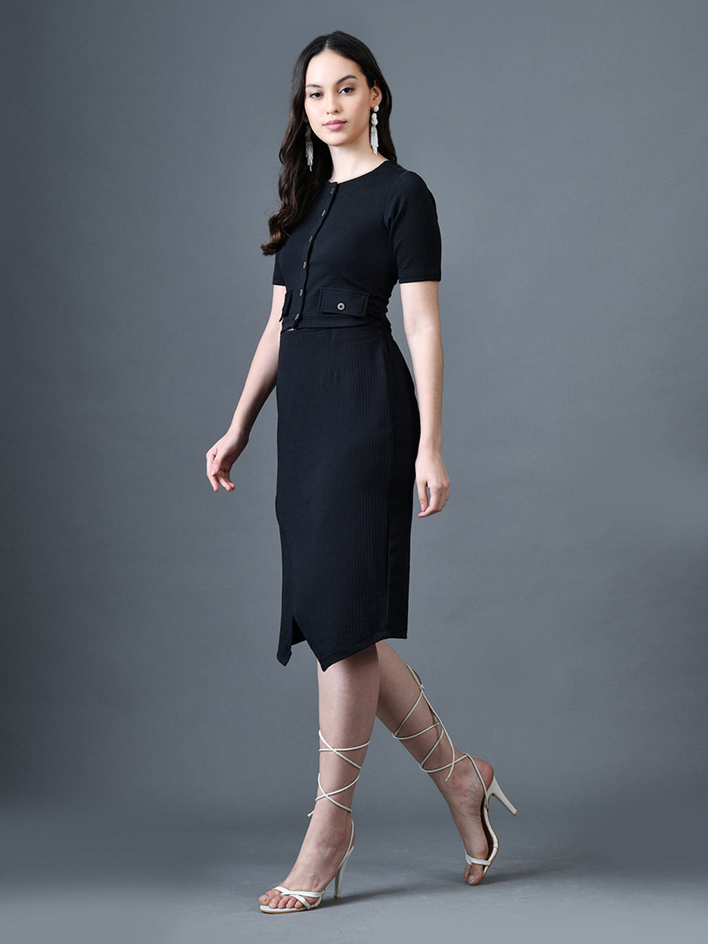 Myshka Women Black Polyester A-Line Round Neck Solid Knee Length Short Sleeves Co-Ords