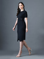 Myshka Women Black Polyester A-Line Round Neck Solid Knee Length Short Sleeves Co-Ords