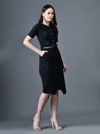Myshka Women Black Polyester A-Line Round Neck Solid Knee Length Short Sleeves Co-Ords