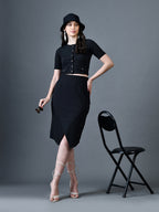Myshka Women Black Polyester A-Line Round Neck Solid Knee Length Short Sleeves Co-Ords