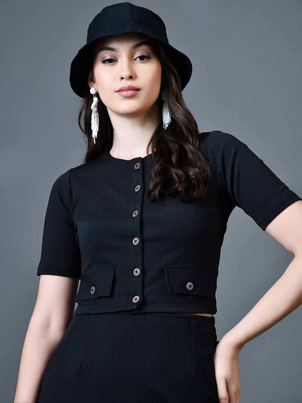 Myshka Women Black Polyester A-Line Round Neck Solid Knee Length Short Sleeves Co-Ords